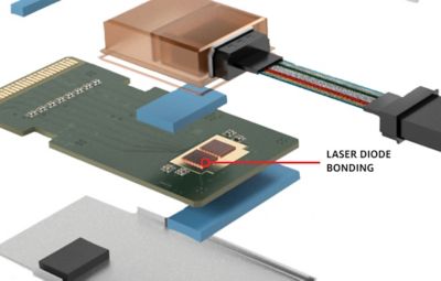 Ilustración en primer plano de unión de diodo láser sobre un transceptor óptico