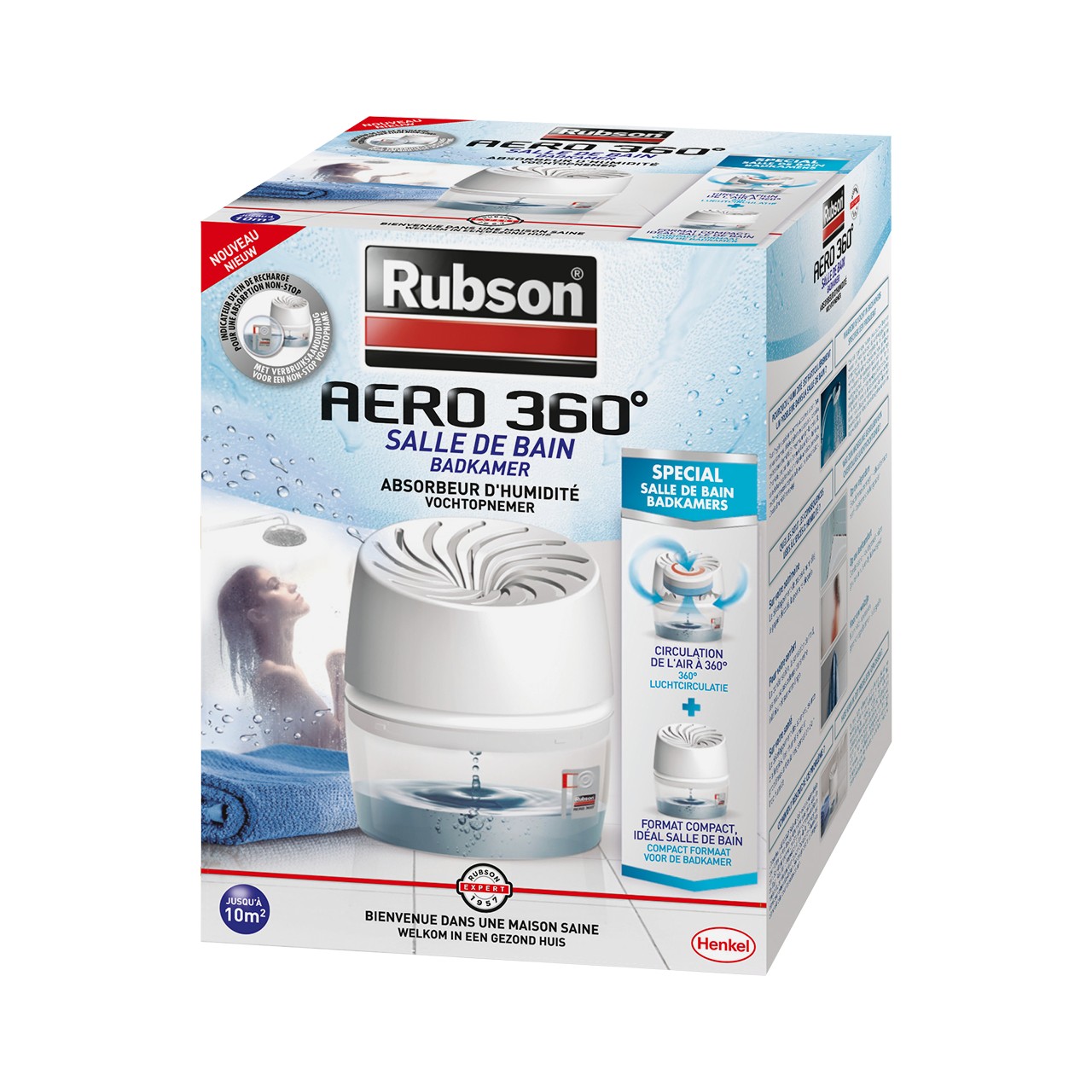 Rubson AERO 360° Absorbeur d'humidité pour pièces de 20 m²,  déshumidificateur d'air anti odeurs & anti moisissure, inclus 1 recharge  neutre de 450 g