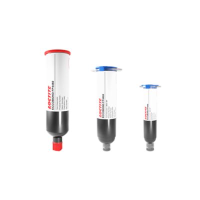 A packshot of LOCTITE ECCOBOND FP4460, a black material in 3 different sizes showing a 6OZ semco cartridge, a 30CC syringe, and a 10CC syringe.