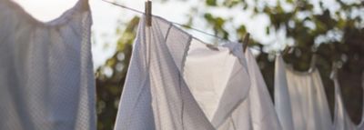 Yeni yıkanmış beyaz giysiler akşamüzeri bahçedeki çamaşır ipine asılı duruyor.