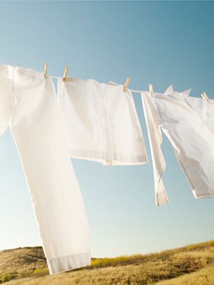 Frischgewaschene weiße Kleidung wie Hose, Rock und Hemd hängen an einem sonnigen Tag an der Wäscheleine im Garten.