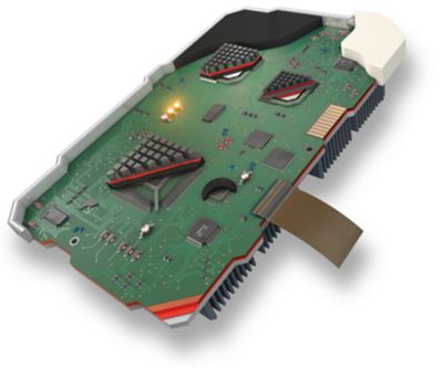 3d model illustration of printed circuit board assembly with a variety of component types used as header image with hotspots for electronics adhesive materials applications