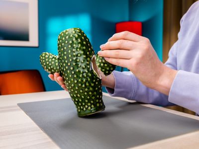 Una persona sostiene un cactus de cerámica roto en dos partes.