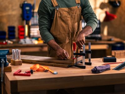 Una persona une piezas de madera usando pinzas de presión sobre una mesa de trabajo.