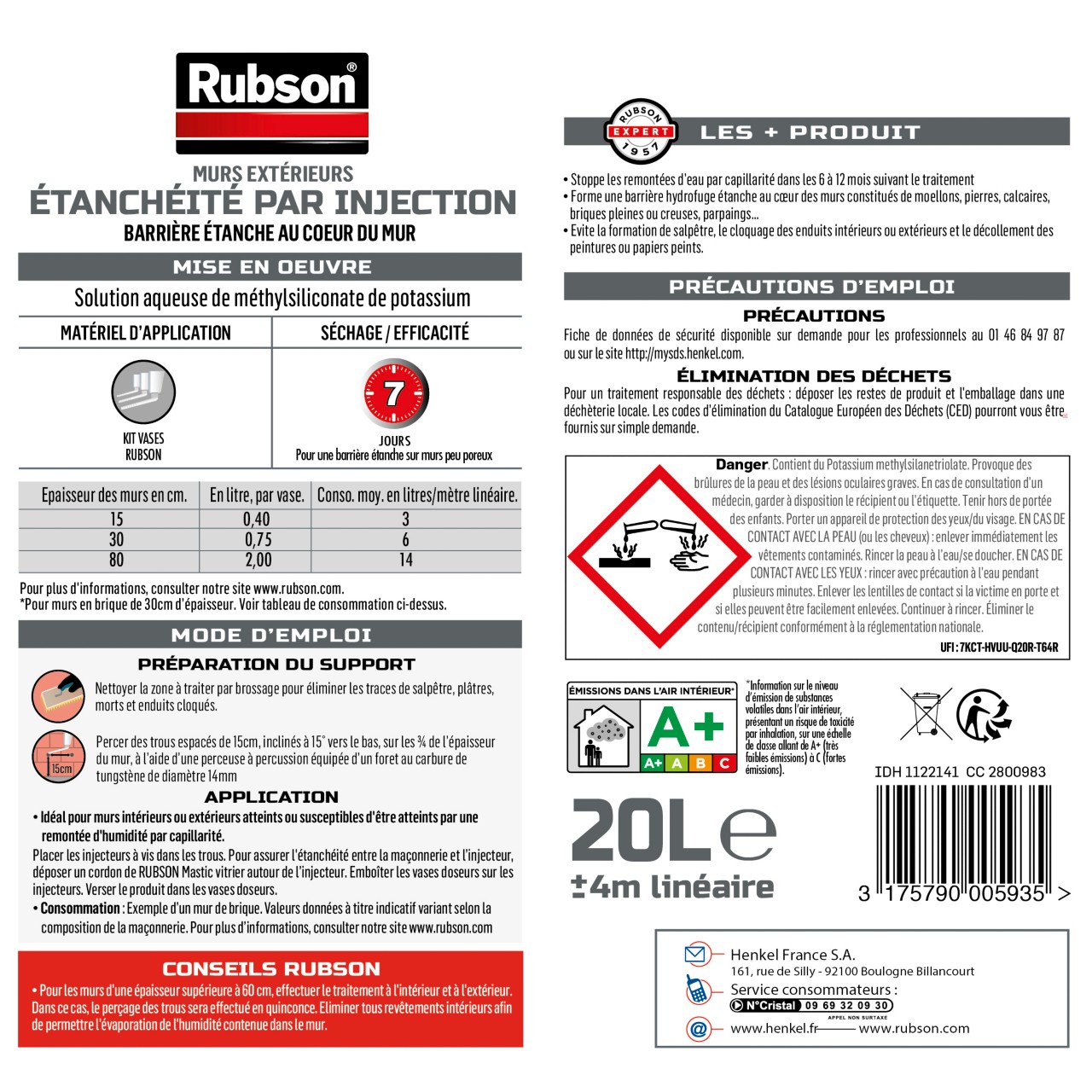 Stop infiltrations Etanchéité par Injection 20L RUBSON
