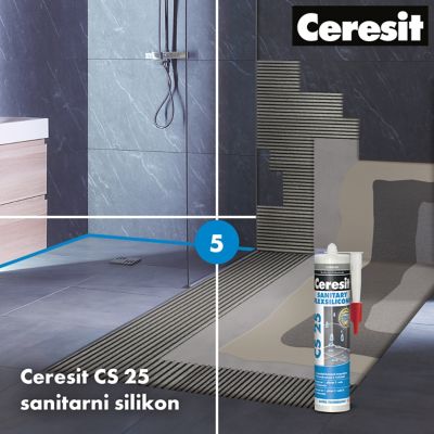 Sanitarni silikon Ceresit CS 25 se nanosi kao 5. korak u sistemu ugradnje keramike u kupatilu