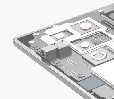 3d teardown illustration of the earphone socket of a smartphone highlighting adhesive solutions for sealants and encapsulents to protect from water entry