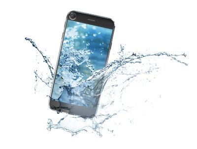 3d illustration of a smartphone splashing into water on a white background represents henkel solutions for device protection shutterstock ID 438811837