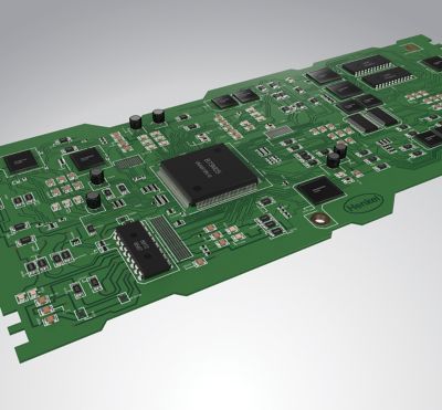 3d illustration of a green printed circuit board with surface mount components