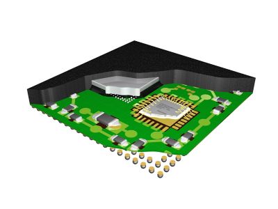 3d illustration of SiP or System in Package cross-section view showing a number of ICs or integrated circuits inside one package sometimes called a multi-chip module