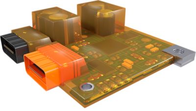 3d illustration of printed circuit board and components with low pressure molding applied for protection