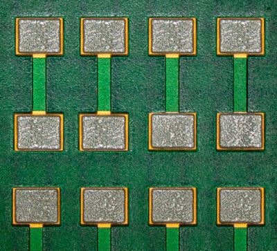 Closeup photo of solder paste on the advanced pcb test board designed to evaluate and qualify  different solder paste formulations to determine the best solder material for current and future processes and applications