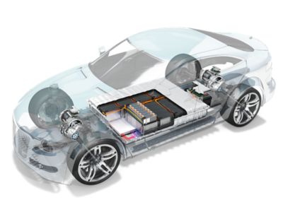 Transparent electric vehicle body showing the battery storage system