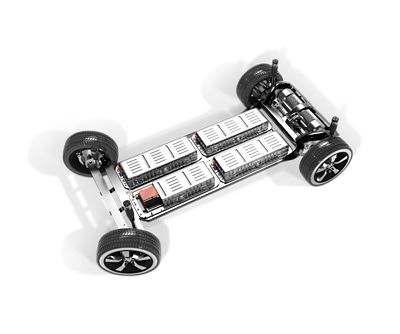 The undercarriage of an electric vehicle highlighting the power storage battery elements