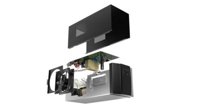 3D illustration of UPS uniterruptible power supply teardown accordion view showing electrical components and locations of adhesives, conformal coatings, solder, and thermal interface materials