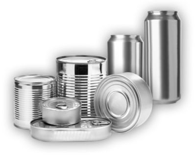 Black and white image of metal food and beverage cans against a white background