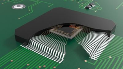 3d Illustration of wirebond soic on green pcb with cross-section view showing internal structure