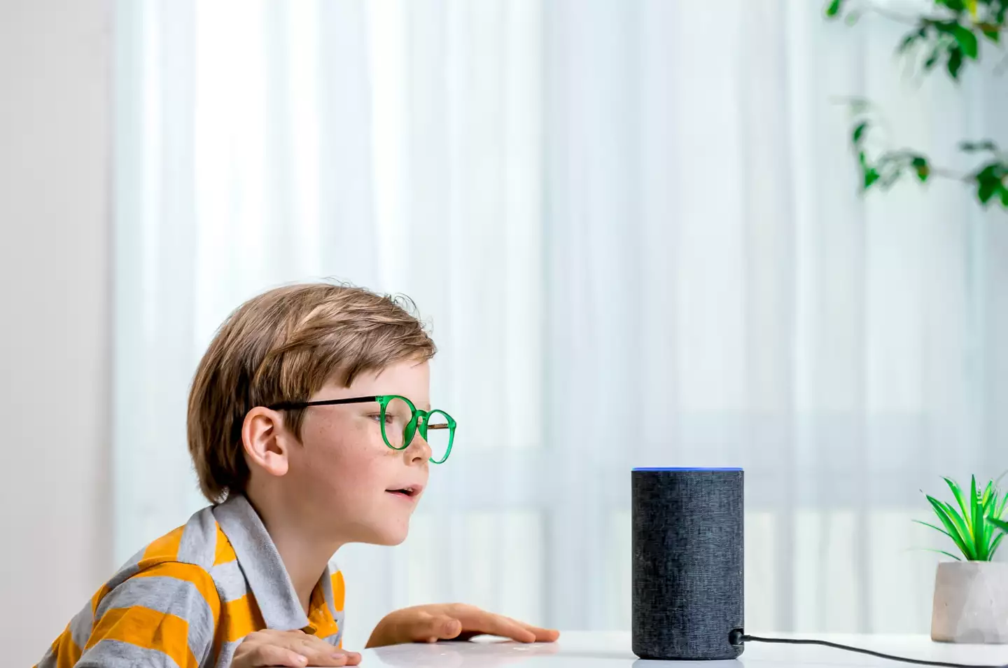 This is an image of a child using a smart home device